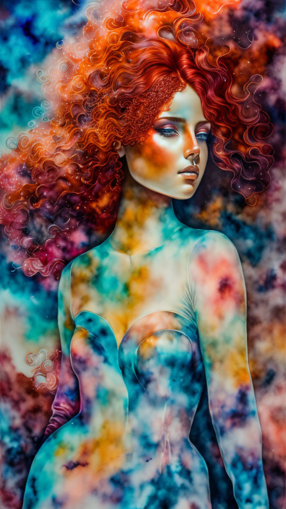 Vibrant Red Curly Hair Woman in Abstract Background