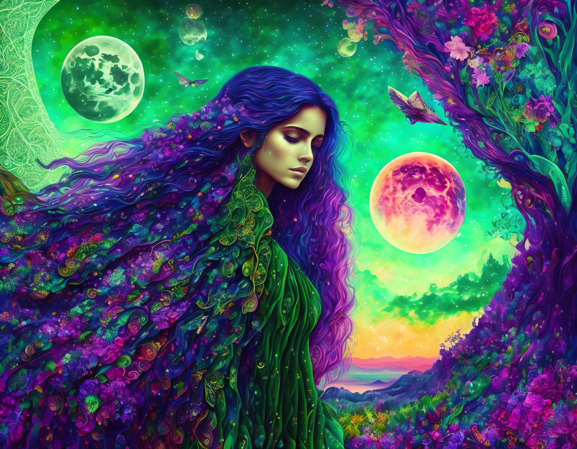 Vibrant artwork: Woman with flowing hair in cosmic landscape