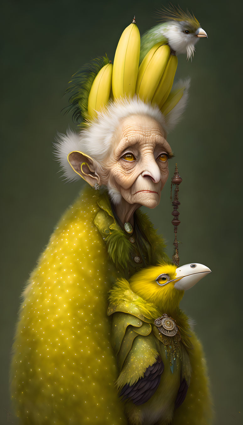 Elderly creature with banana-like head structures and bird features