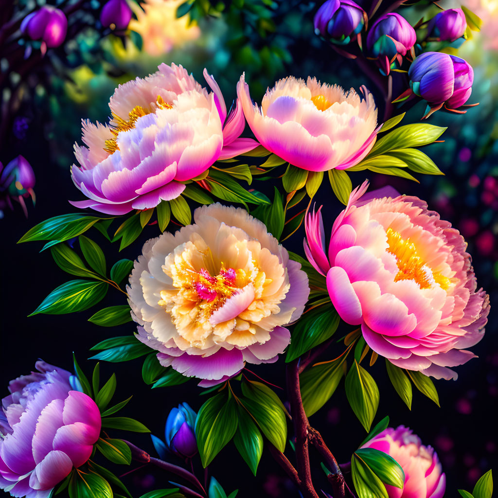 Colorful digital artwork featuring gradient peonies on dark background