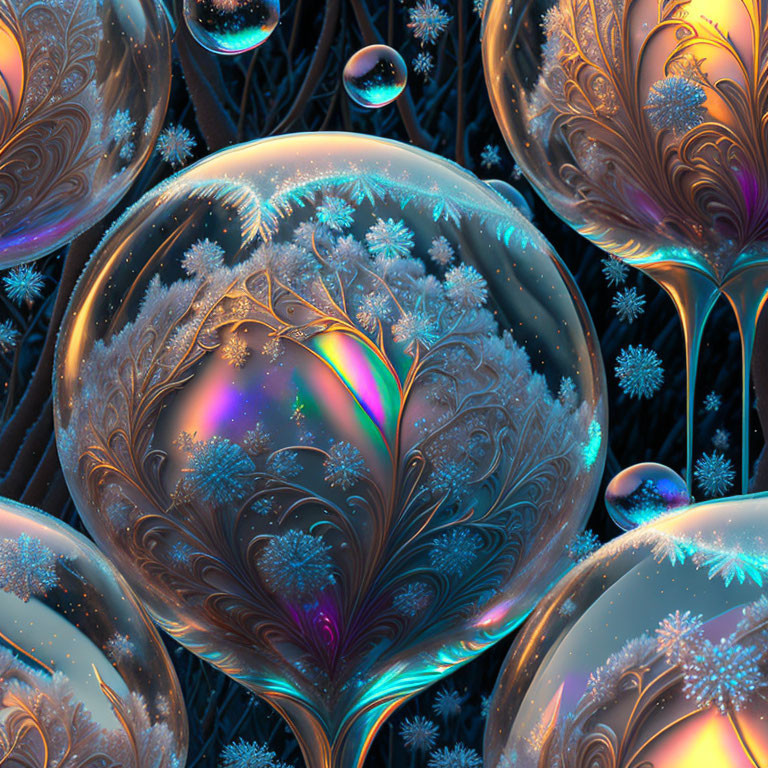 Intricate fractal patterns with snowflakes and spheres in vivid digital artwork