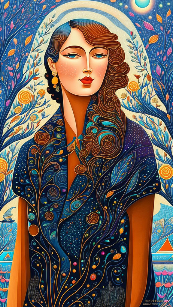 Stylized woman illustration with flowing hair and vibrant colors