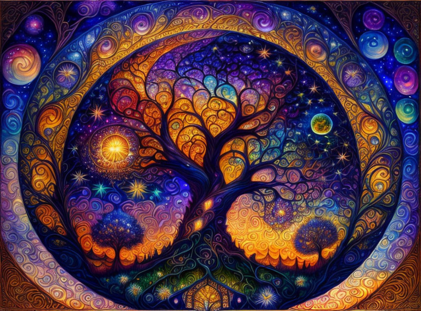 Colorful Psychedelic Tree Artwork with Cosmic Background