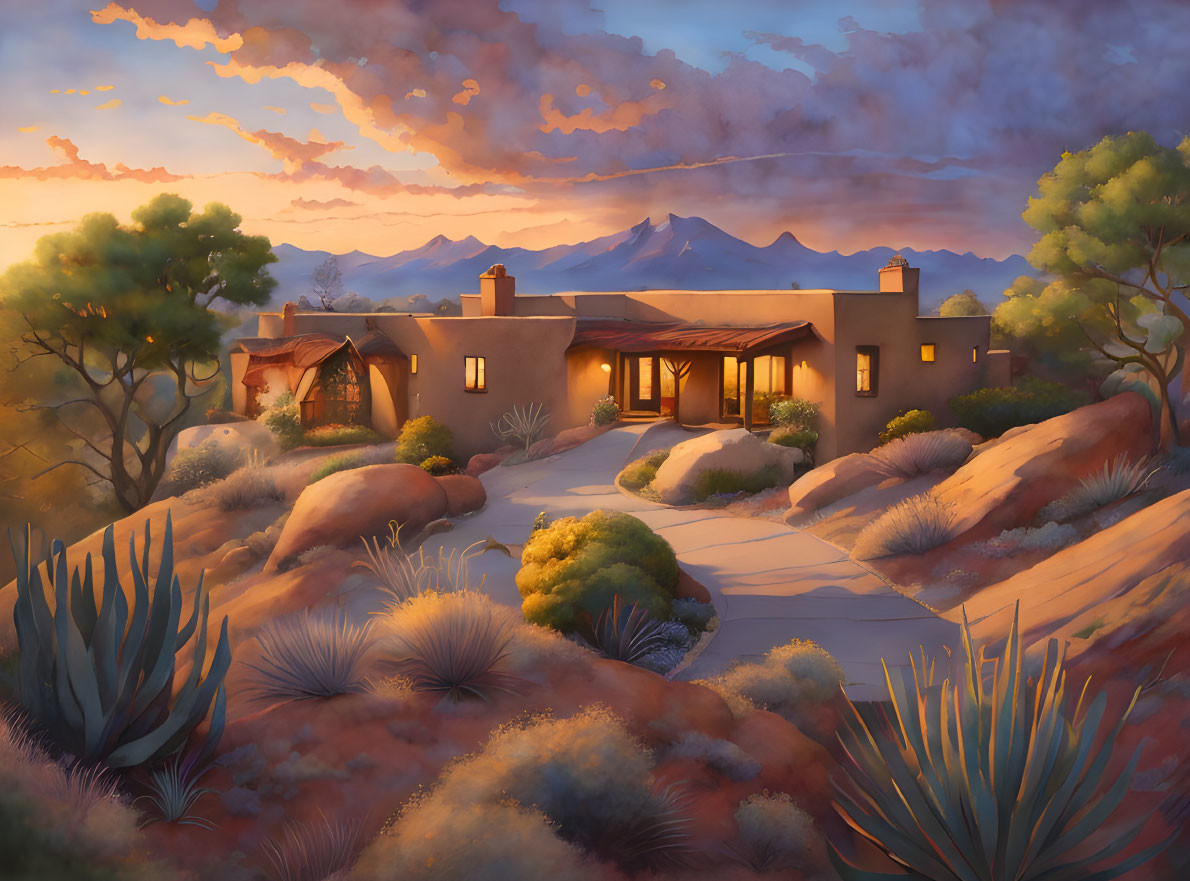 Tranquil desert sunset with adobe house and cacti