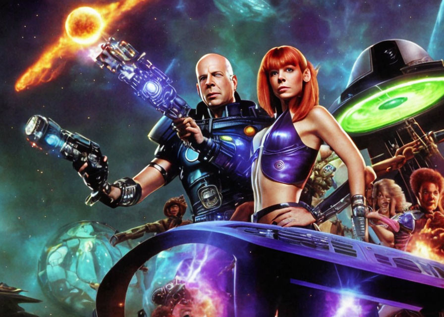 Man and woman in futuristic outfits with weapons in cosmic scene.