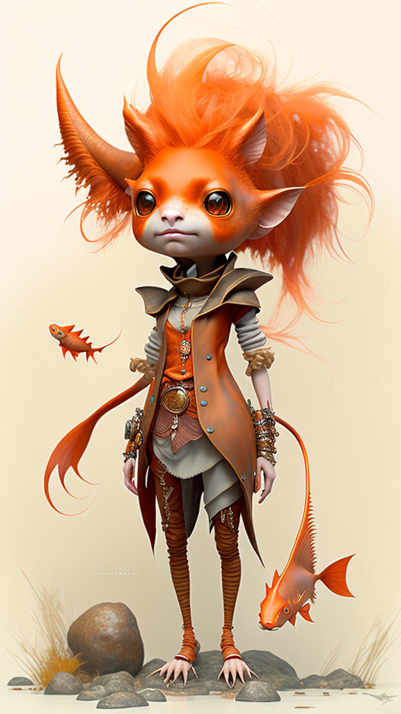 Fantasy creature with orange hair in steampunk outfit beside flying fish