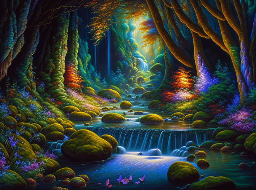 Mystical forest with vibrant foliage, waterfall, moss-covered stones, butterflies, and serene river.