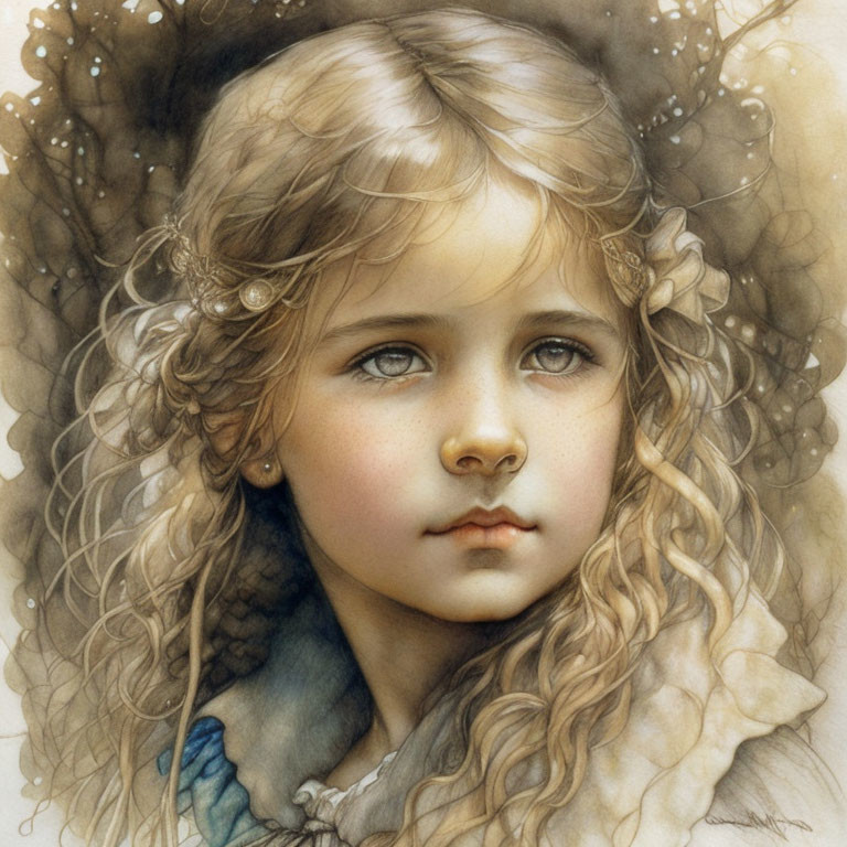 Detailed portrait of young girl with wavy hair and big eyes