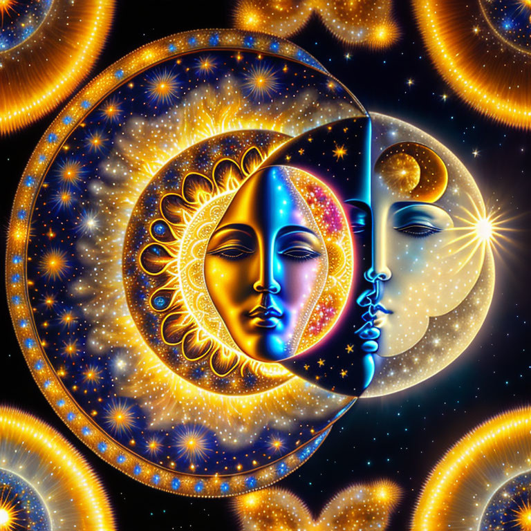 Sun and moon with human faces in cosmic motif with stars and galaxies