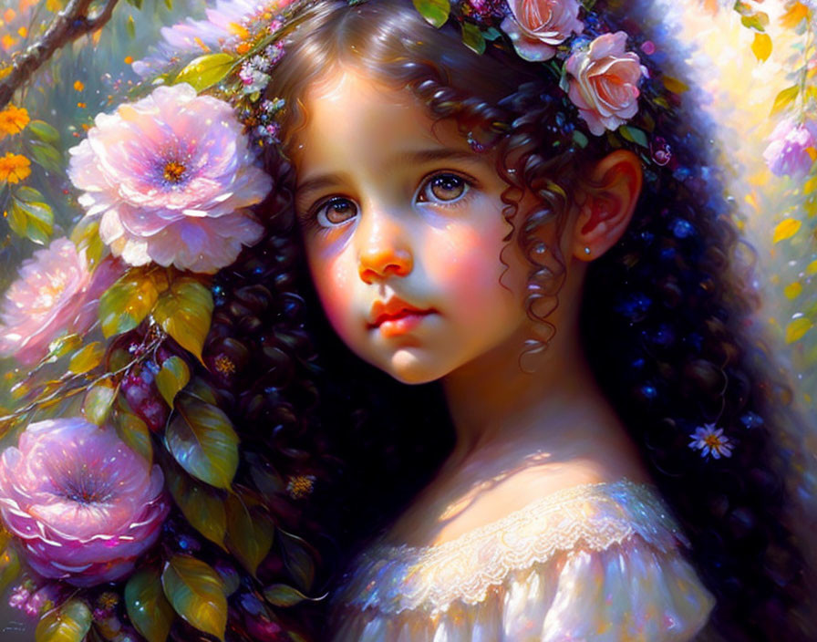 Young girl with curly hair and flowers in enchanted garden.