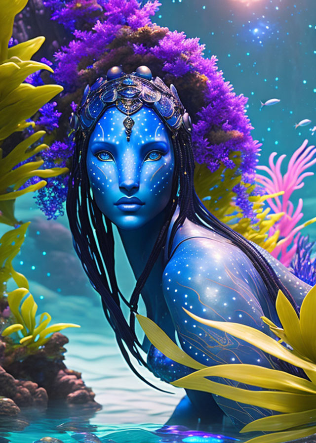 Blue-skinned humanoid with glowing spots in undersea setting.