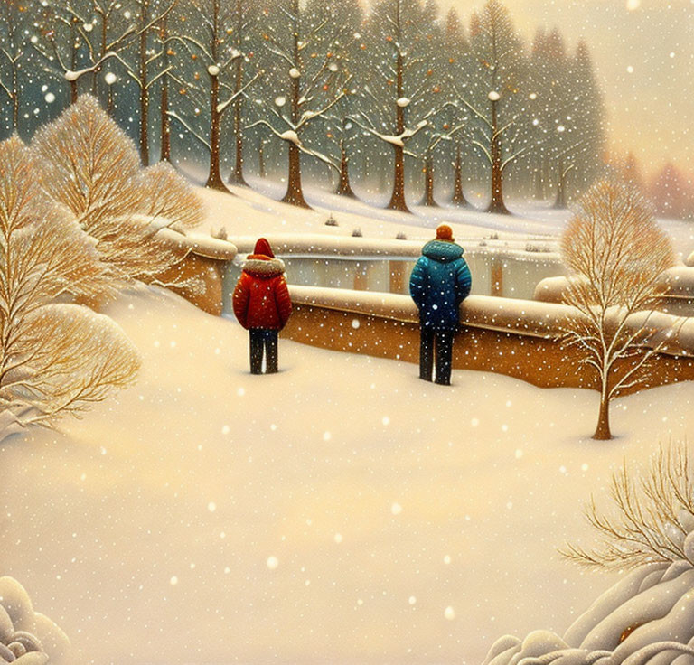 Winter scene with two people in snowy landscape and bare trees.