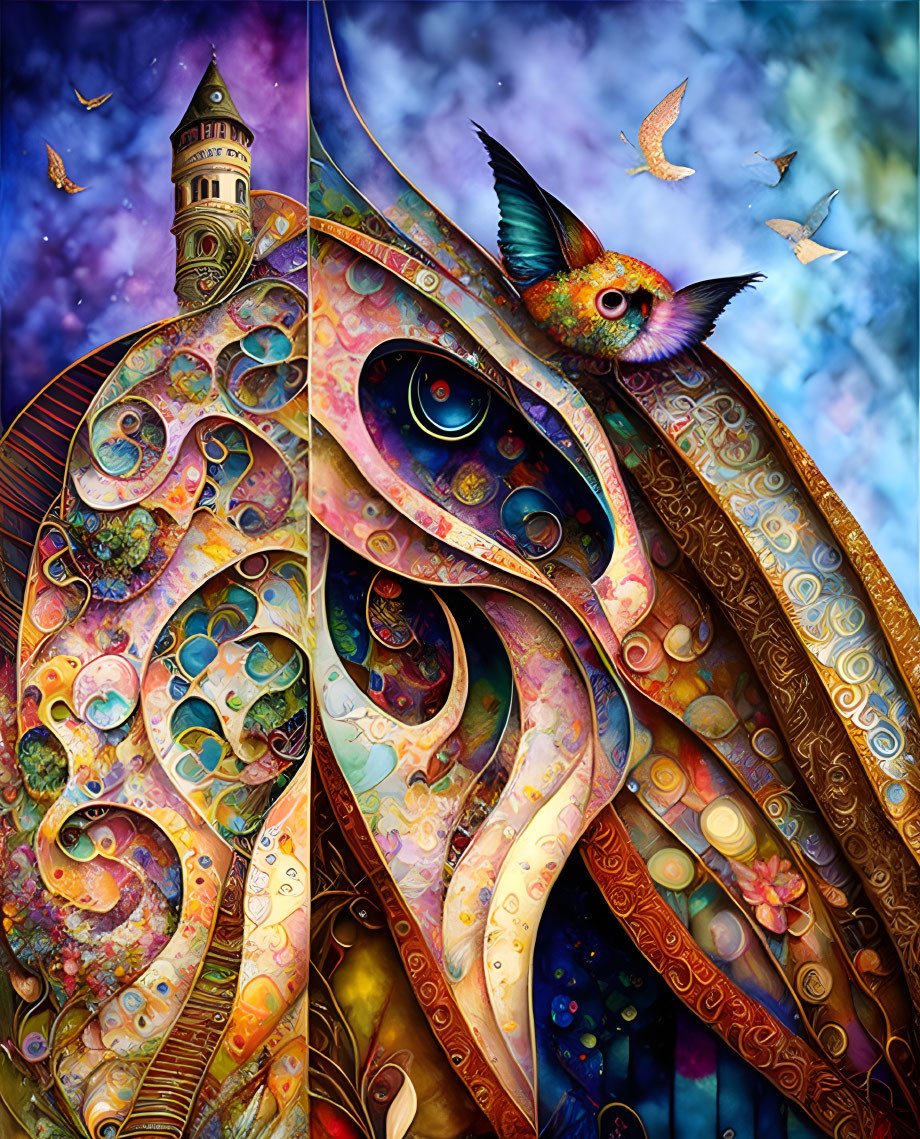 Colorful abstract art: swirl patterns, eyes, clock tower, birds in dreamy sky