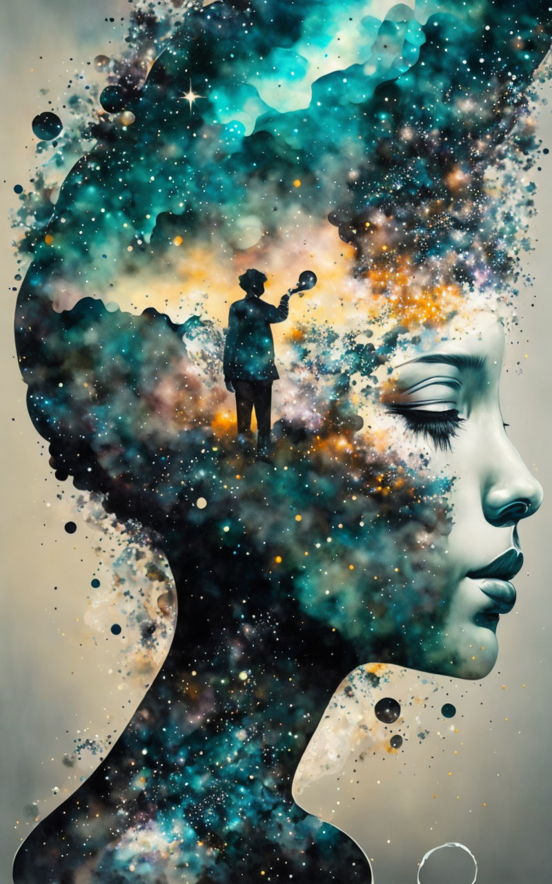 Surreal artwork: Woman's profile merges with cosmic scene