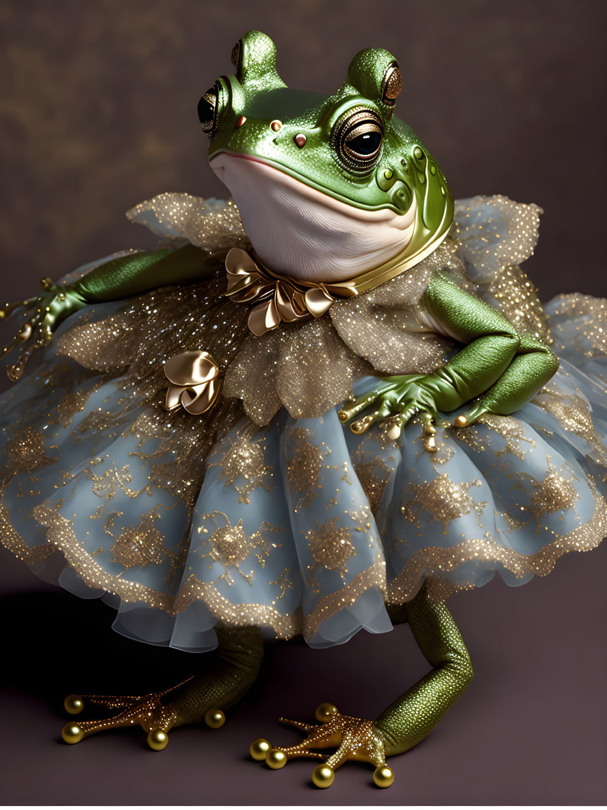 Anthropomorphic frog in blue and gold tutu with bow - whimsical expression