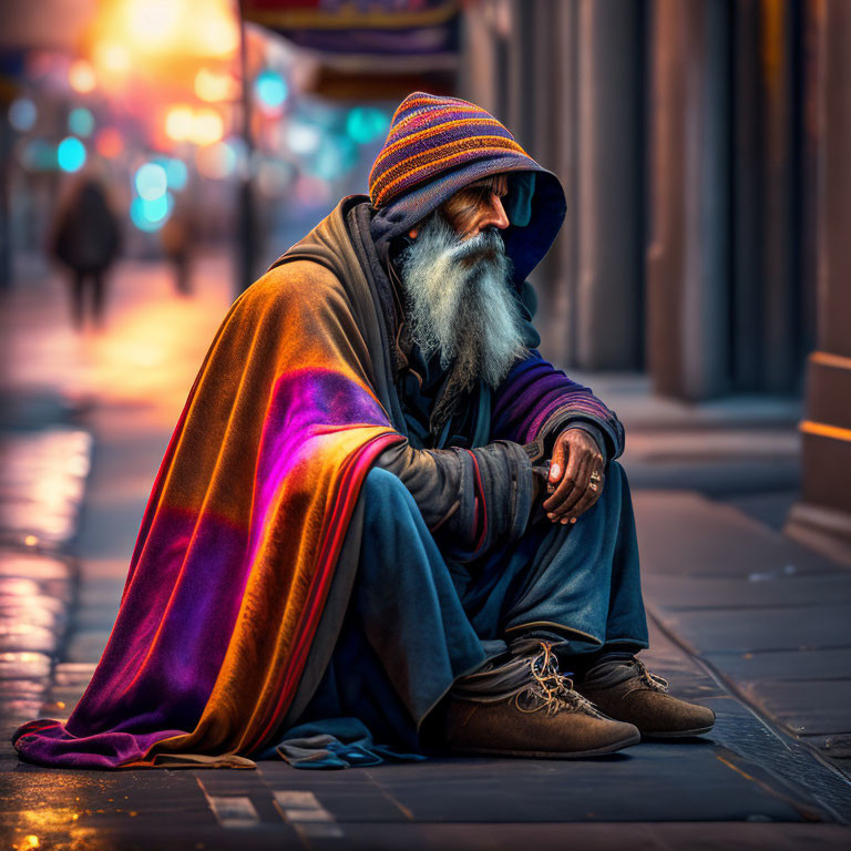 Elderly man with beard in colorful hat and blanket on city sidewalk at dusk