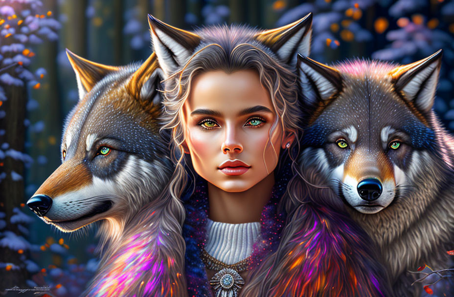 Fantasy portrait of woman with wolves in twilight forest.