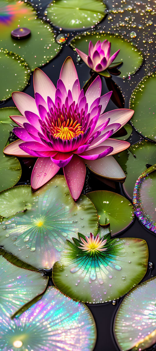 Pink water lily blooming on tranquil pond with glistening water droplets