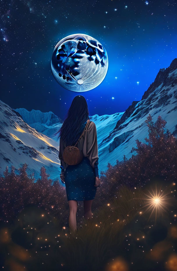 Woman admires vivid moon in snowy mountain landscape