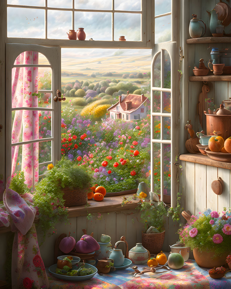 Country kitchen with rolling hills view, flowers, pottery, and fruits