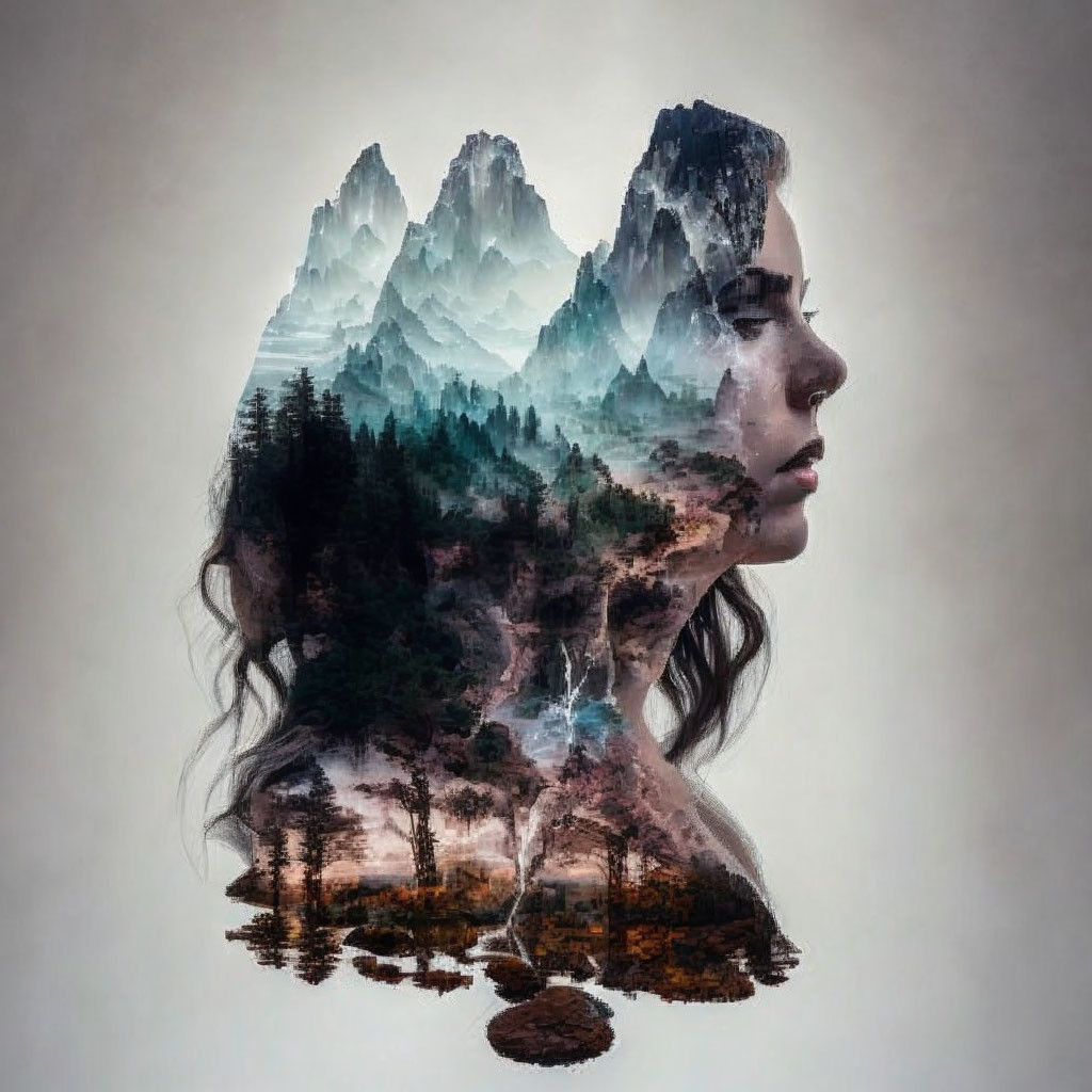 Woman's profile merges with mountain landscape and forest in double exposure portrait