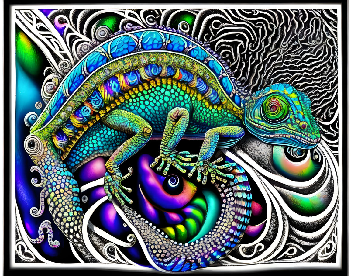 Colorful Chameleon Artwork with Psychedelic Patterns