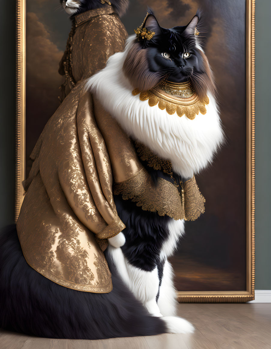 Fluffy Cat in Royal Robe Poses Next to Portrait