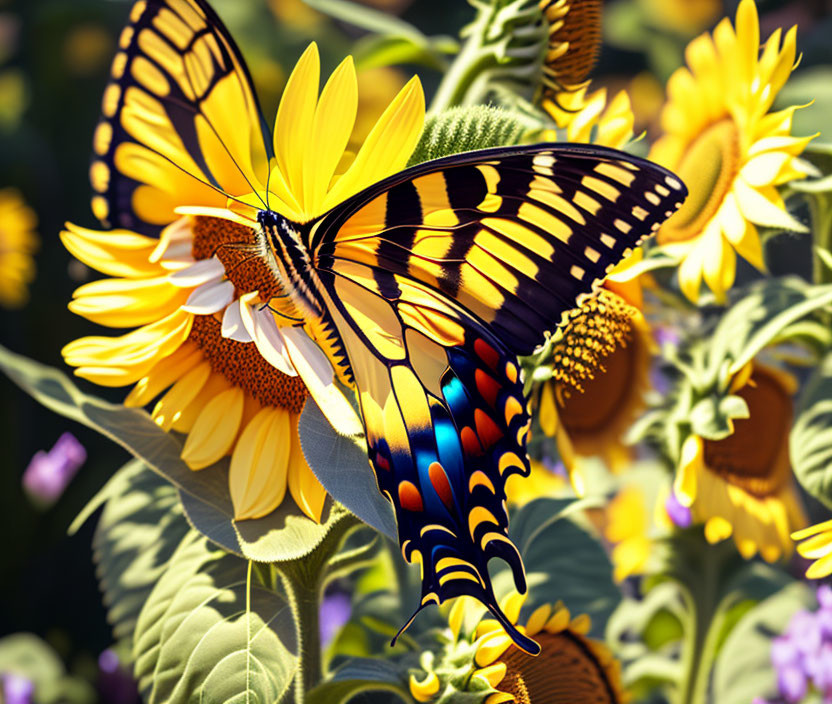 Colorful Butterfly on Yellow Sunflower Amid Sunflowers and Foliage