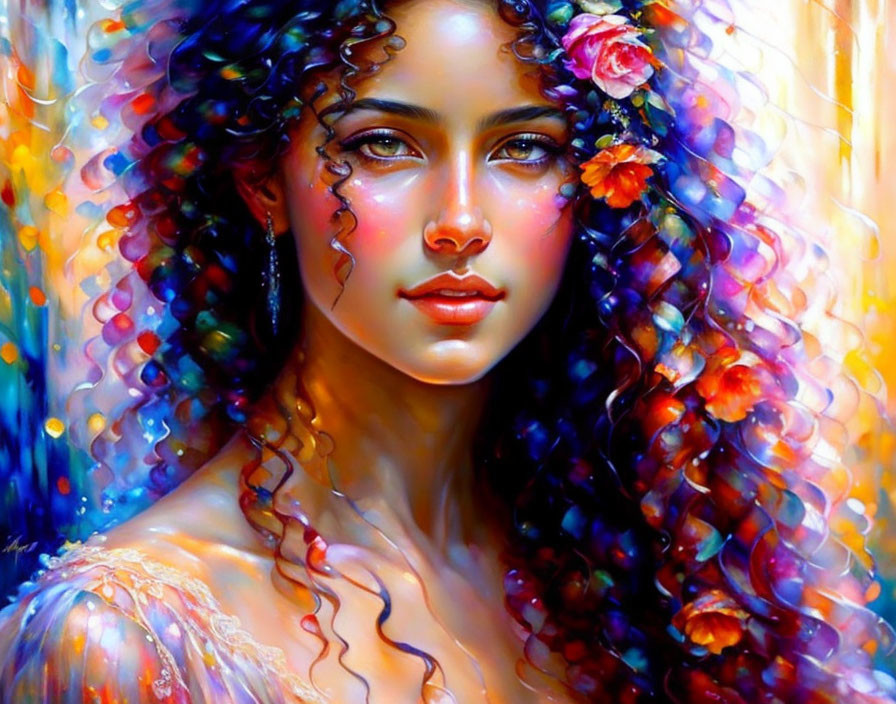 Colorful portrait of a woman with curly hair and flowers.