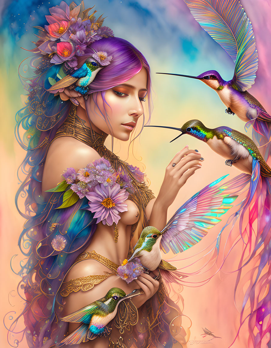 Fantastical depiction of woman with purple hair among hummingbirds and flowers