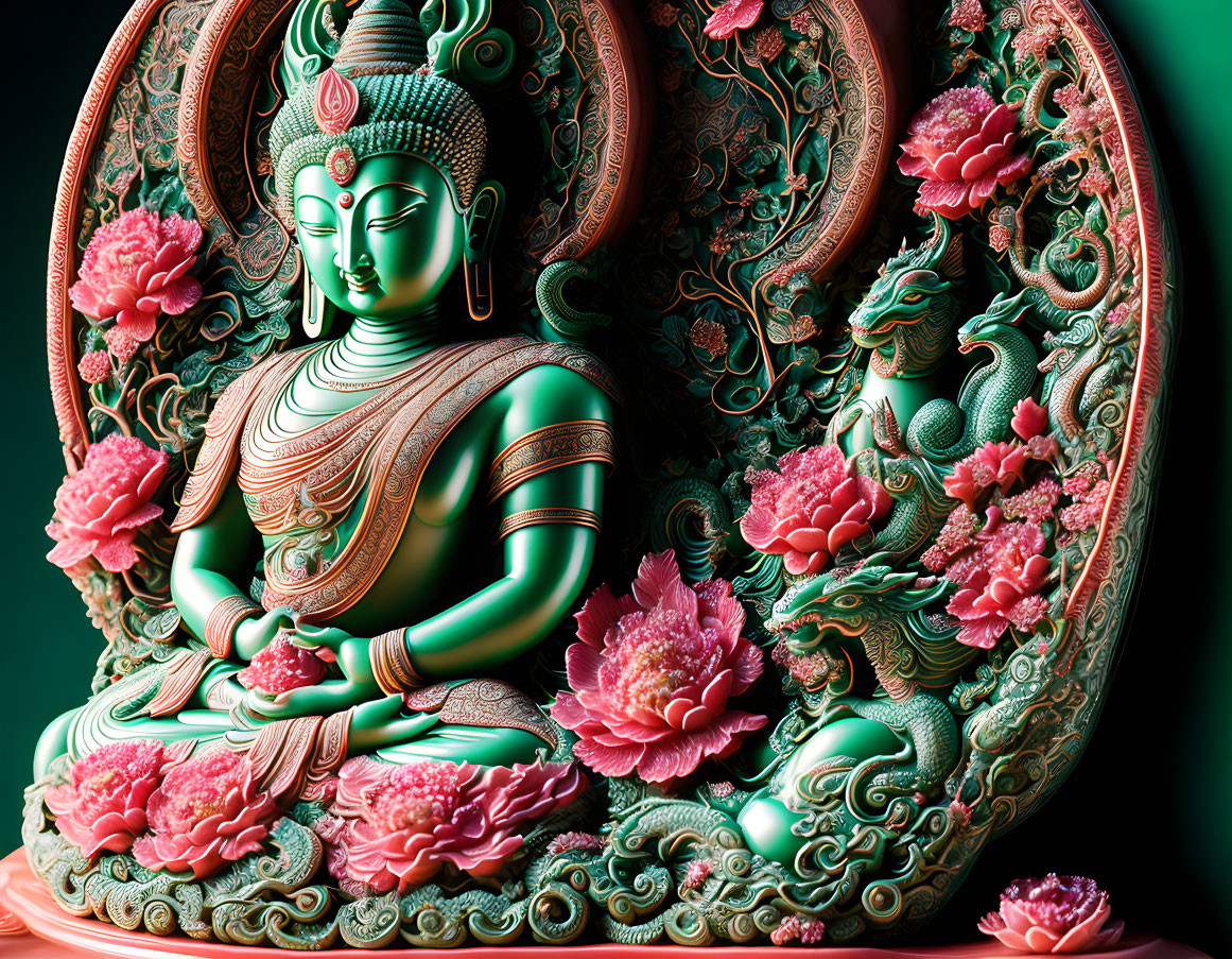 Seated Green Buddha Surrounded by Dragons and Lotus Flowers