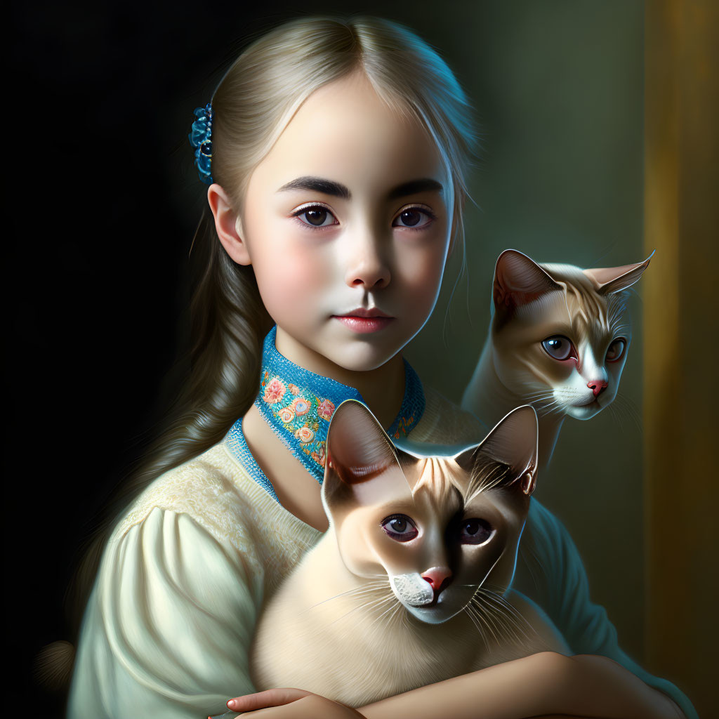 Young girl with two Siamese cats on dark background