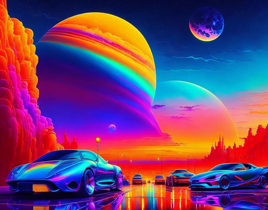 Futuristic cityscape with sports cars, colorful planets, and neon lights