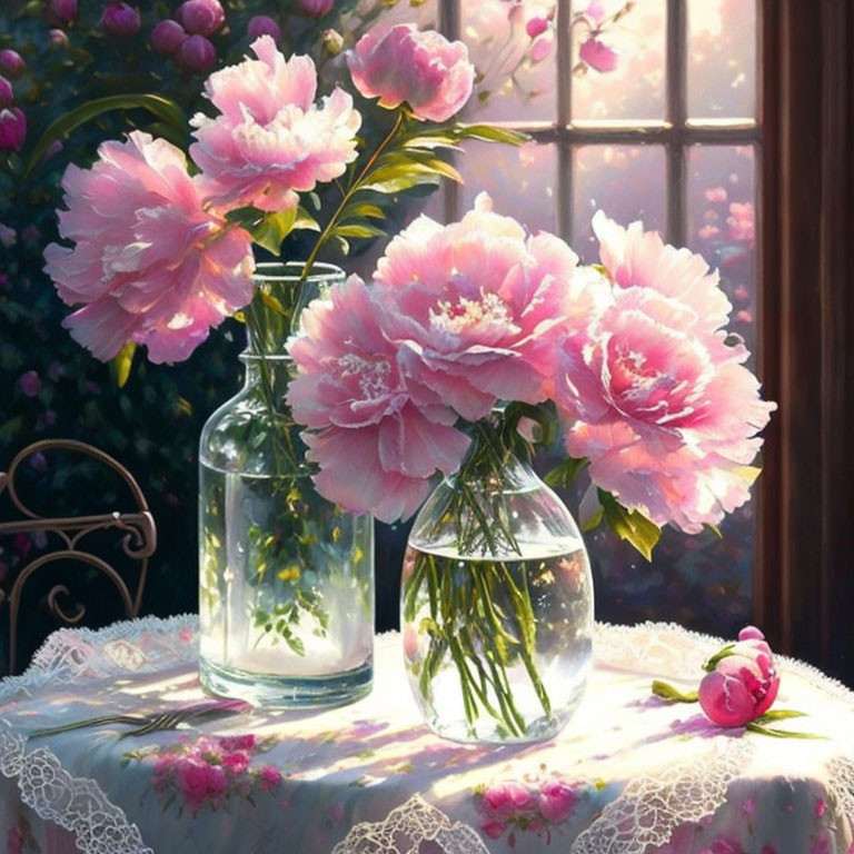 Pink peonies in glass vases on lace-covered table with sunlight.