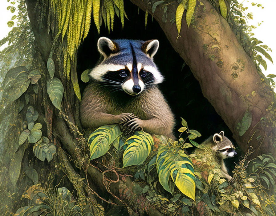 Curious raccoons in lush tree foliage