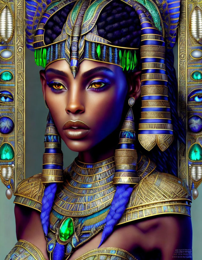 Digital Artwork: Woman as Egyptian Queen with Gold and Blue Headdress