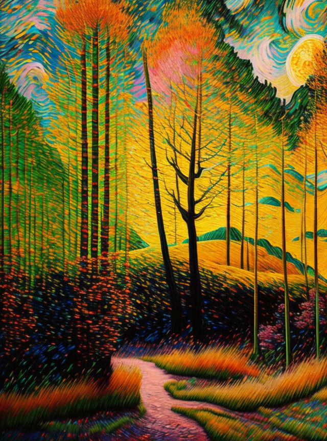 Vibrant forest path painting with swirling skies and glowing moon