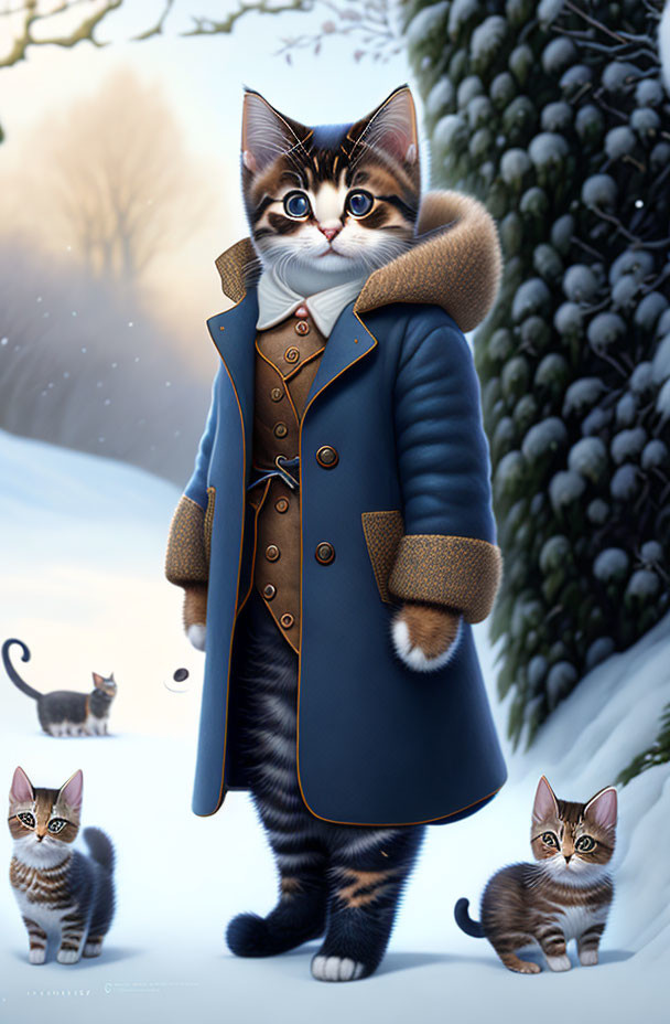 Anthropomorphic kitten in blue coat with golden buttons in snowy scene with two smaller kittens