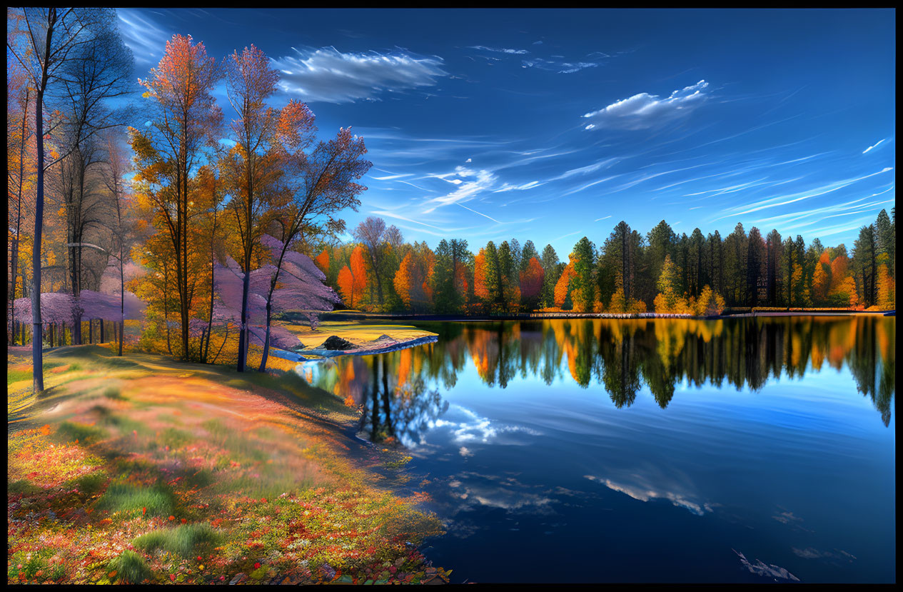 Tranquil fall landscape with reflective lake and vibrant foliage