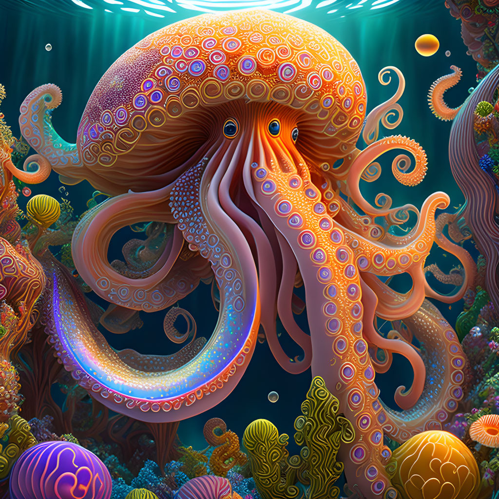 Colorful Octopus Illustration with Detailed Tentacle Patterns in Vibrant Coral Reef