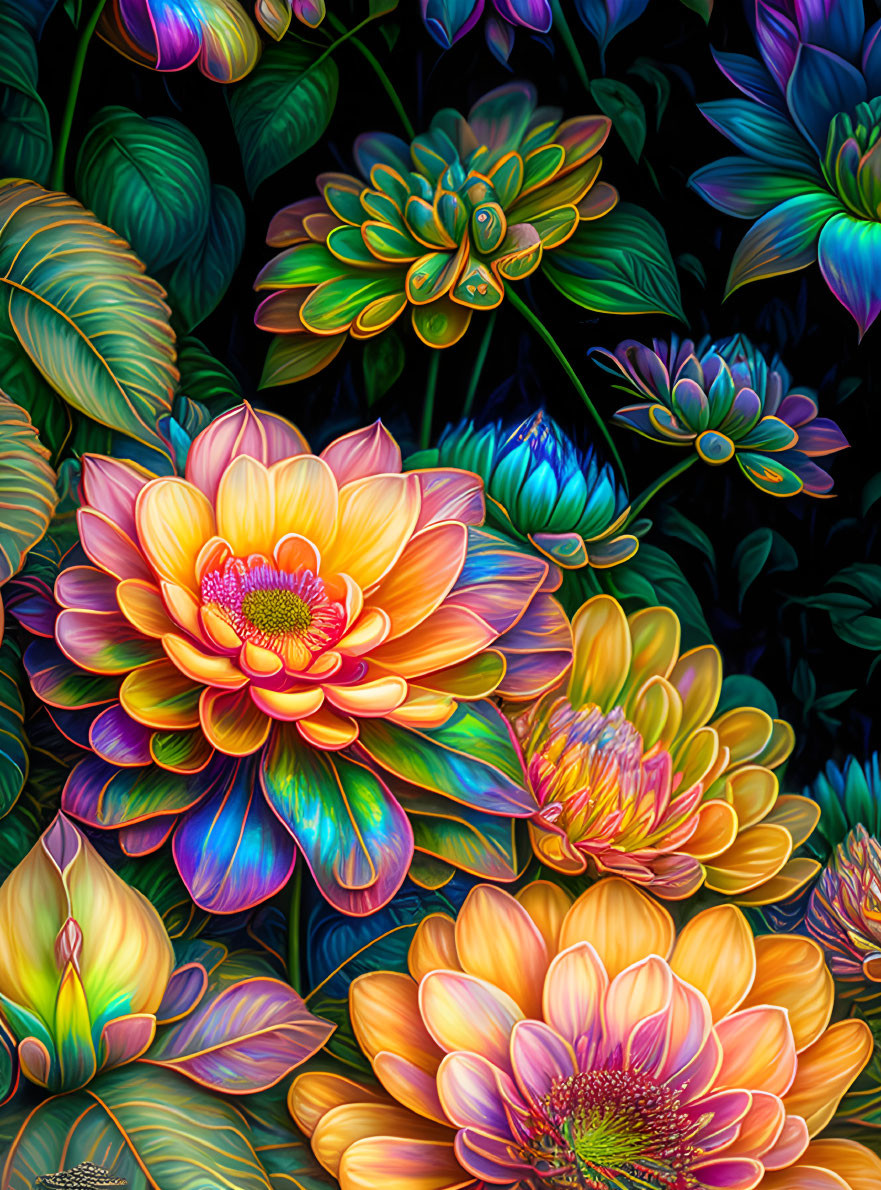 Colorful stylized flowers in digital artwork on dark background