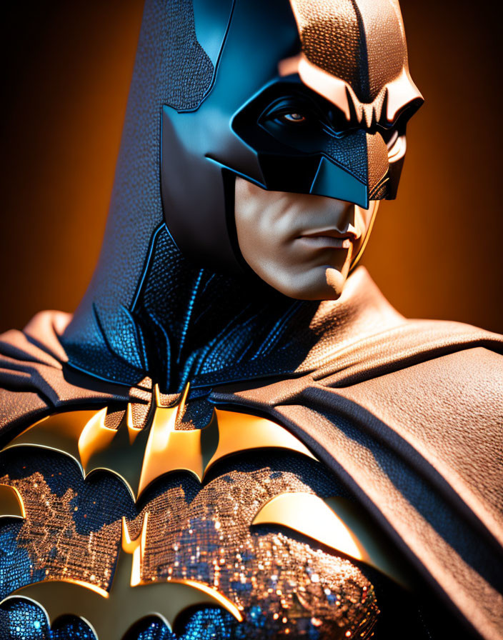 Detailed Batman figurine with textured armor and cowl under warm lighting