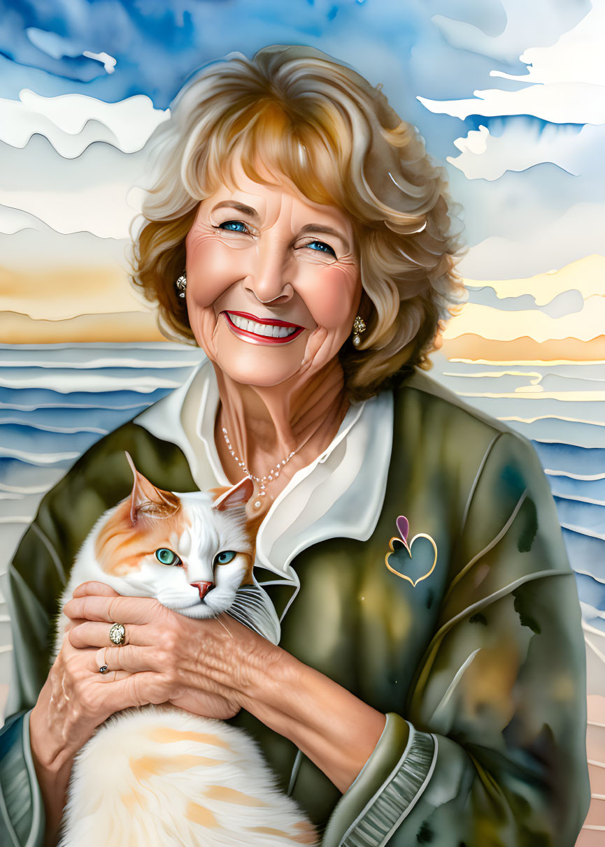 Elderly woman with blonde hair holding cat on beach at sunset