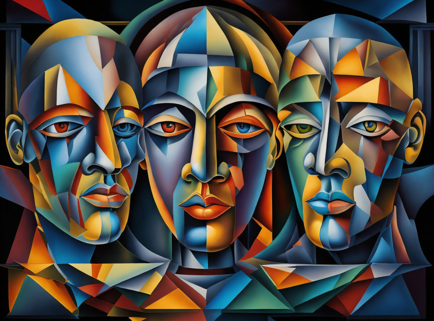 Vibrant Cubist Painting with Abstract Human Faces in Blue and Orange