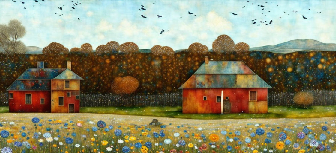 Red houses in whimsical countryside with colorful flowers and flying birds