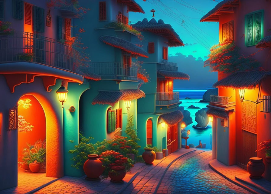 Colorful Coastal Village Night Illustration: Vibrant streets, houses, sea.