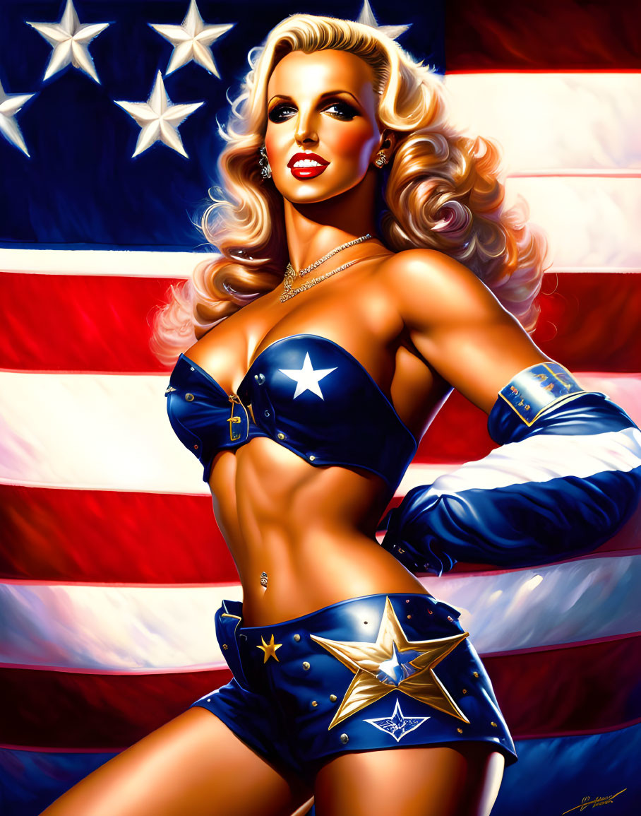 Blonde woman in patriotic outfit with American flag backdrop