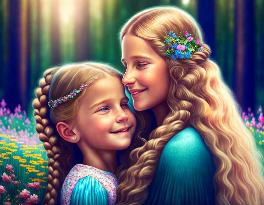 Young girl with braided hair and flowers gazes at woman in forest clearing