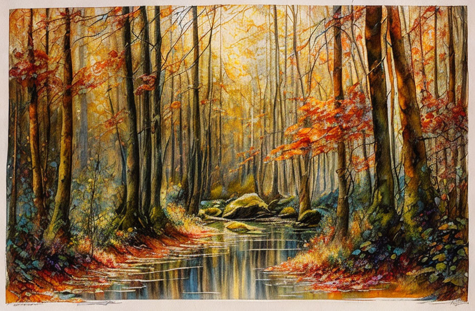 Autumnal forest watercolor painting with stream and golden leaves