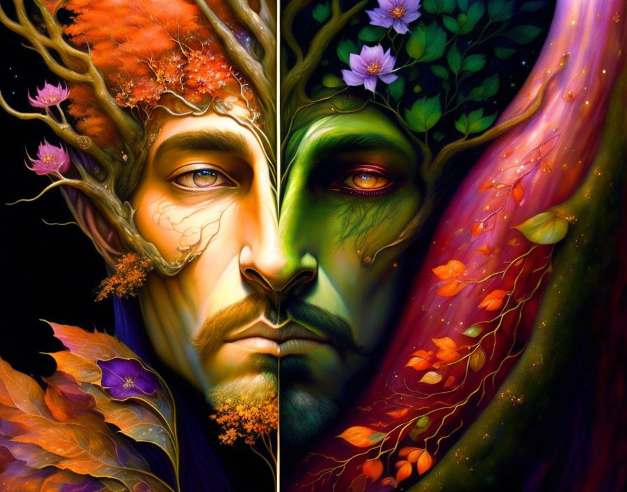 Colorful illustration: face transforms into autumnal and spring flora